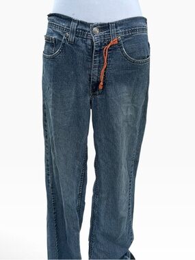 Y2K Point Zero Dark Blue Baggy Low Rise Straight-Leg Jeans with Orange Drawcord
